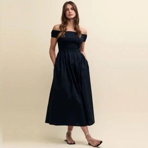 Nobody's Child Amanda Smocked Off Shoulder Black Organic Cotton Midi Dress SZ 2